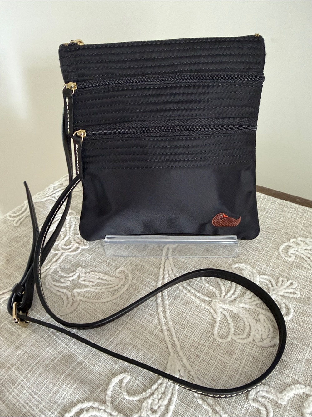 Dooney & Bourke Black Nylon Crossbody/Leather Strap with Double Zip Front Pocket